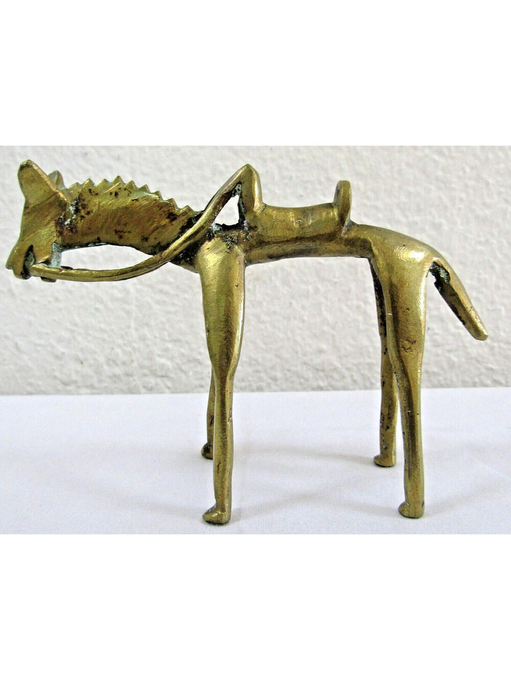 Antique African Abstract Figurative Brass Horse with Reins and Saddle Figurine
